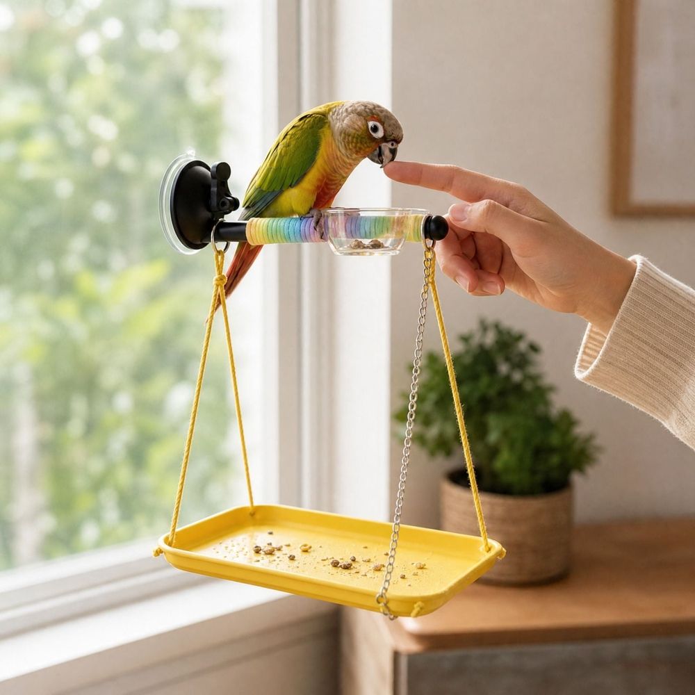 Birdie Window Perch with Poop Catcher โ Suction Cup Play Stand ๐ฃ๐
