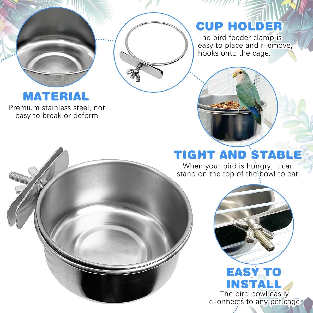 🐣 Stainless Steel Birdie Food & Water Bowl – Cage Mounted 🦜💕 (2PC)