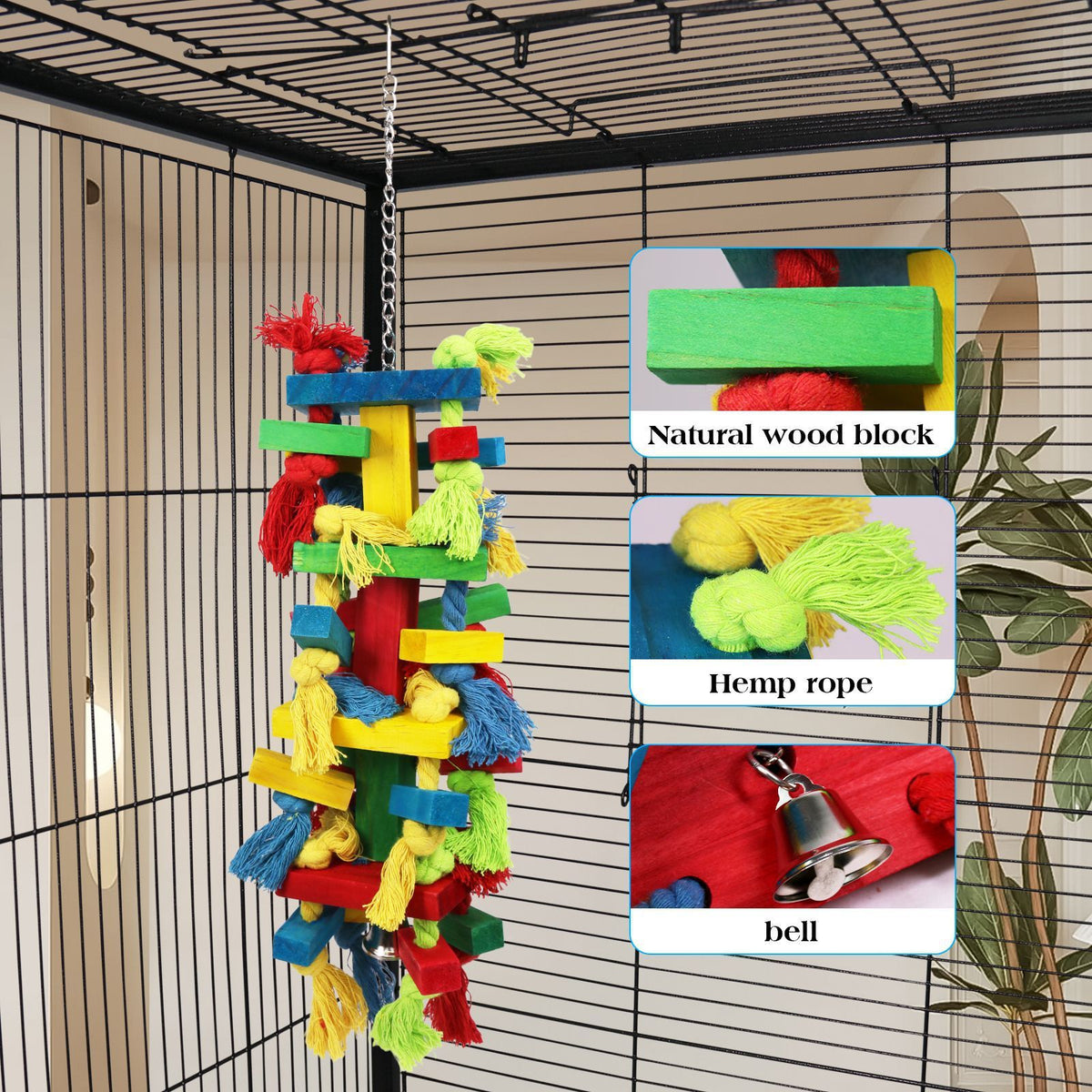 Rainbow Wooden Parrot Chew Toy – Hanging Shredding & Enrichment Playground 🐣💕