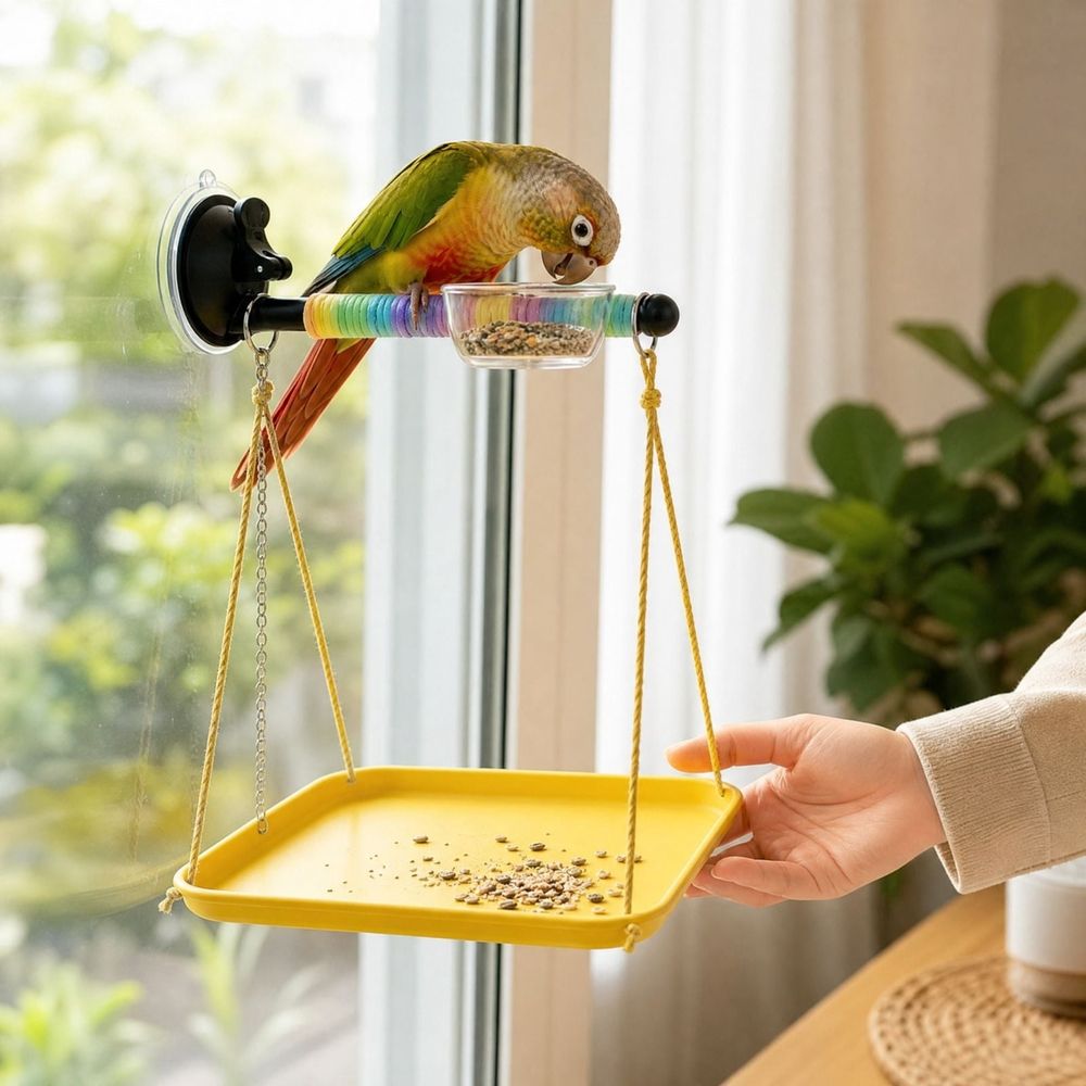 Birdie Window Perch with Poop Catcher – Suction Cup Play Stand 🐣💕