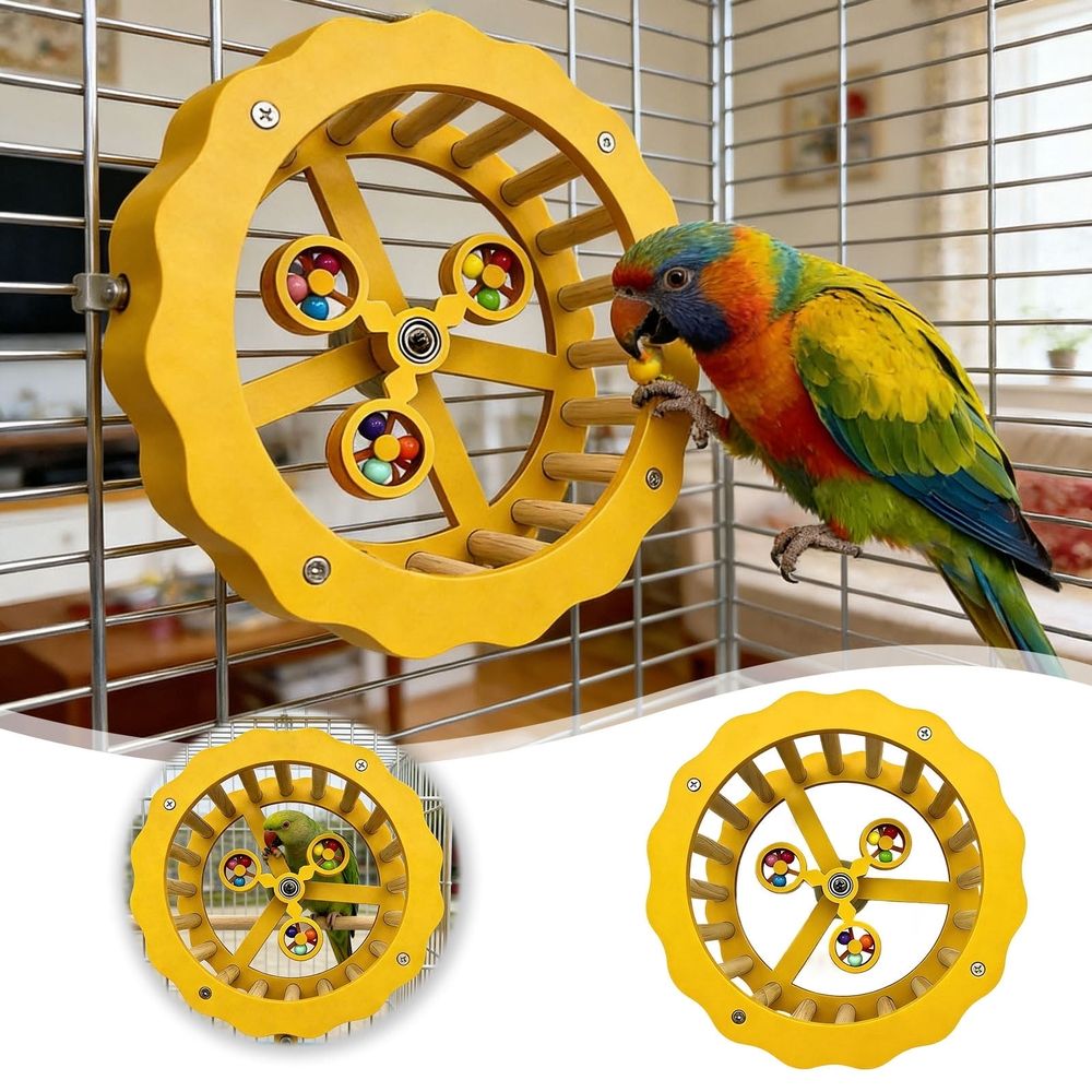 Interactive Wooden Bird Exercise Wheel – Parrot Enrichment & Play Toy 🐦🌈