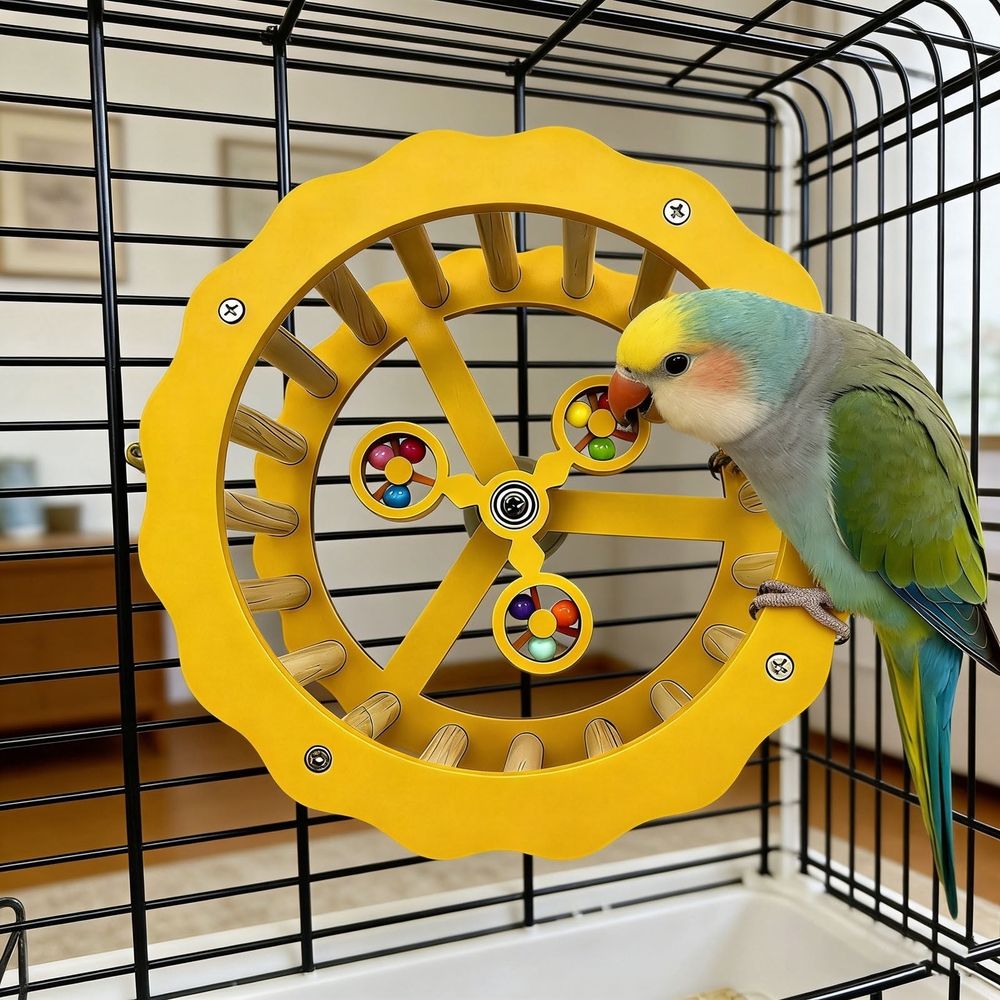 Interactive Wooden Bird Exercise Wheel – Parrot Enrichment & Play Toy 🐦🌈