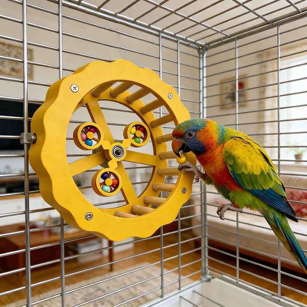 Interactive Wooden Bird Exercise Wheel – Parrot Enrichment & Play Toy 🐦🌈
