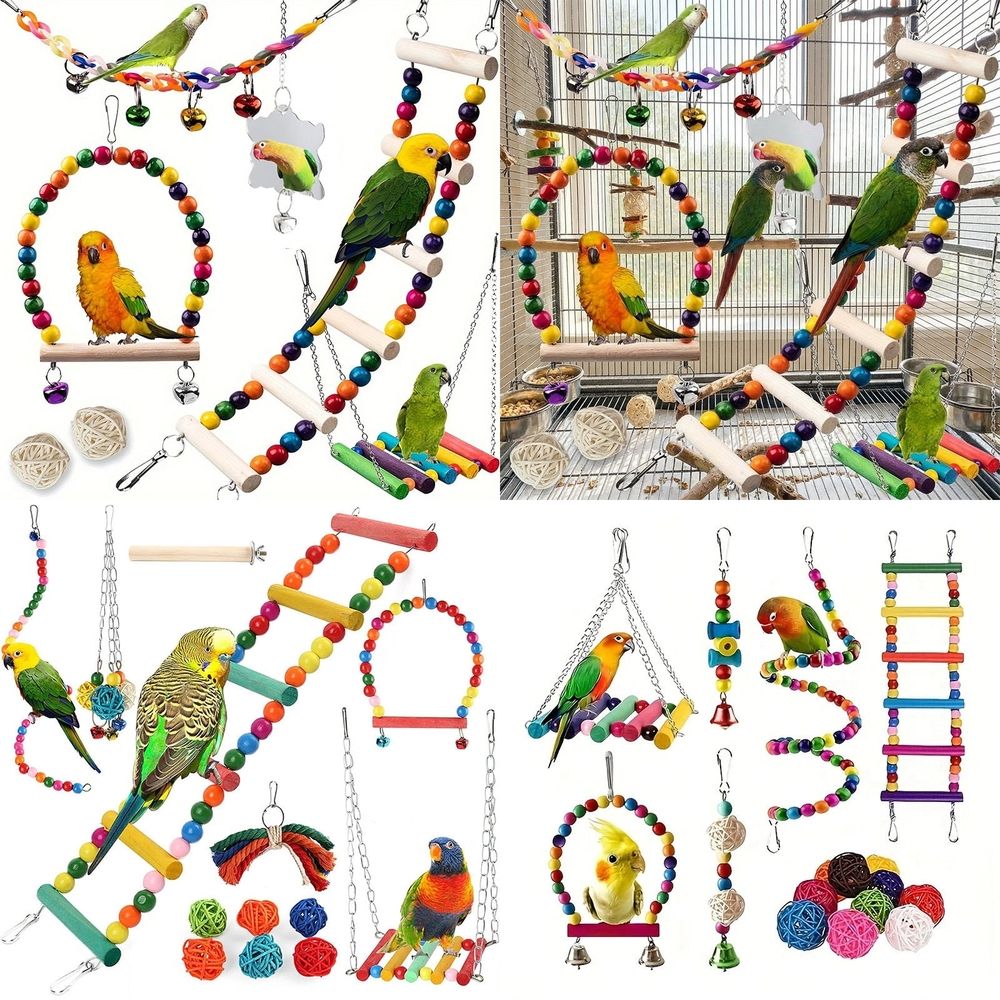 Bird Toys for Parrots Parakeet Toys Toys for Cage Birds Chew Toys Set with Swings Blocks Colorful Bells and Ladders Natural Safe Birds Cage Accessories for Small Medium Birds