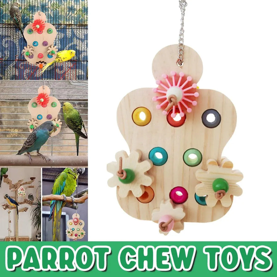 Colourful Wooden Parrot Chew Toy – Interactive Hanging Bird Enrichment Puzzle 🦜🌈