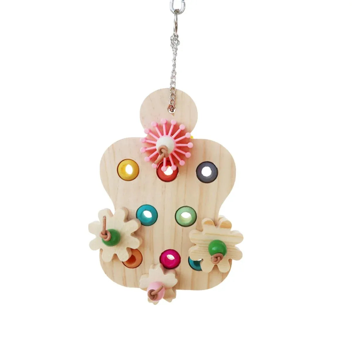 Colourful Wooden Parrot Chew Toy – Interactive Hanging Bird Enrichment Puzzle 🦜🌈