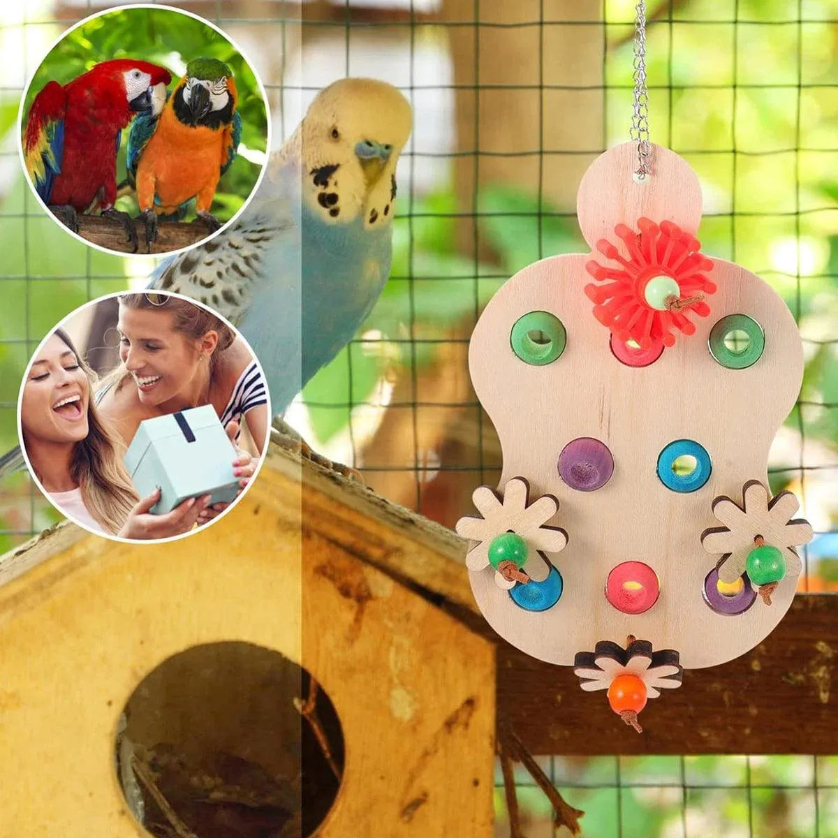 Colourful Wooden Parrot Chew Toy – Interactive Hanging Bird Enrichment Puzzle 🦜🌈