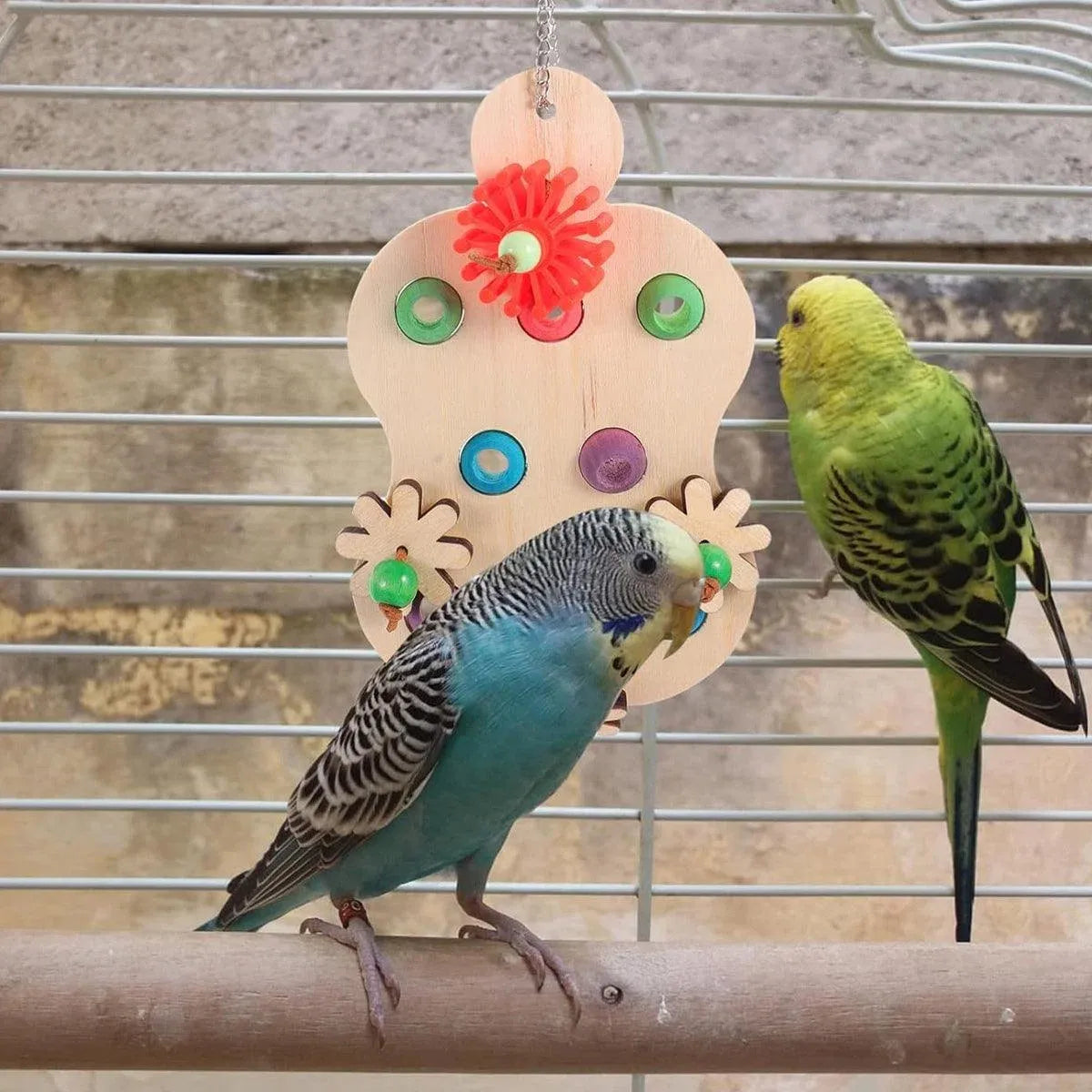 Colourful Wooden Parrot Chew Toy – Interactive Hanging Bird Enrichment Puzzle 🦜🌈