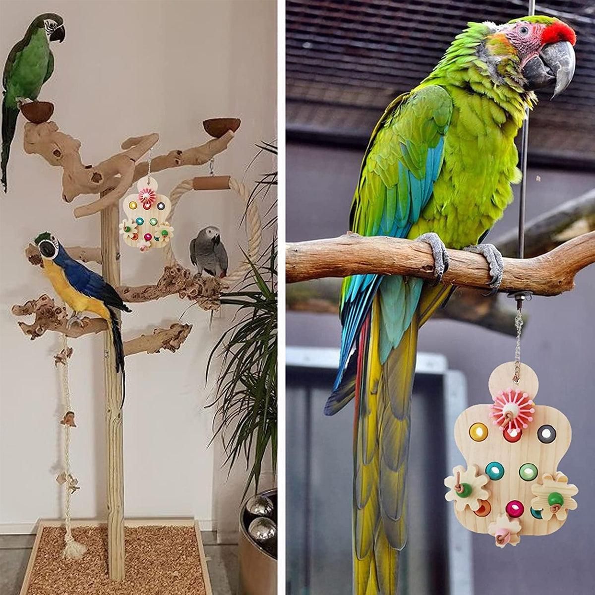 Colourful Wooden Parrot Chew Toy – Interactive Hanging Bird Enrichment Puzzle 🦜🌈