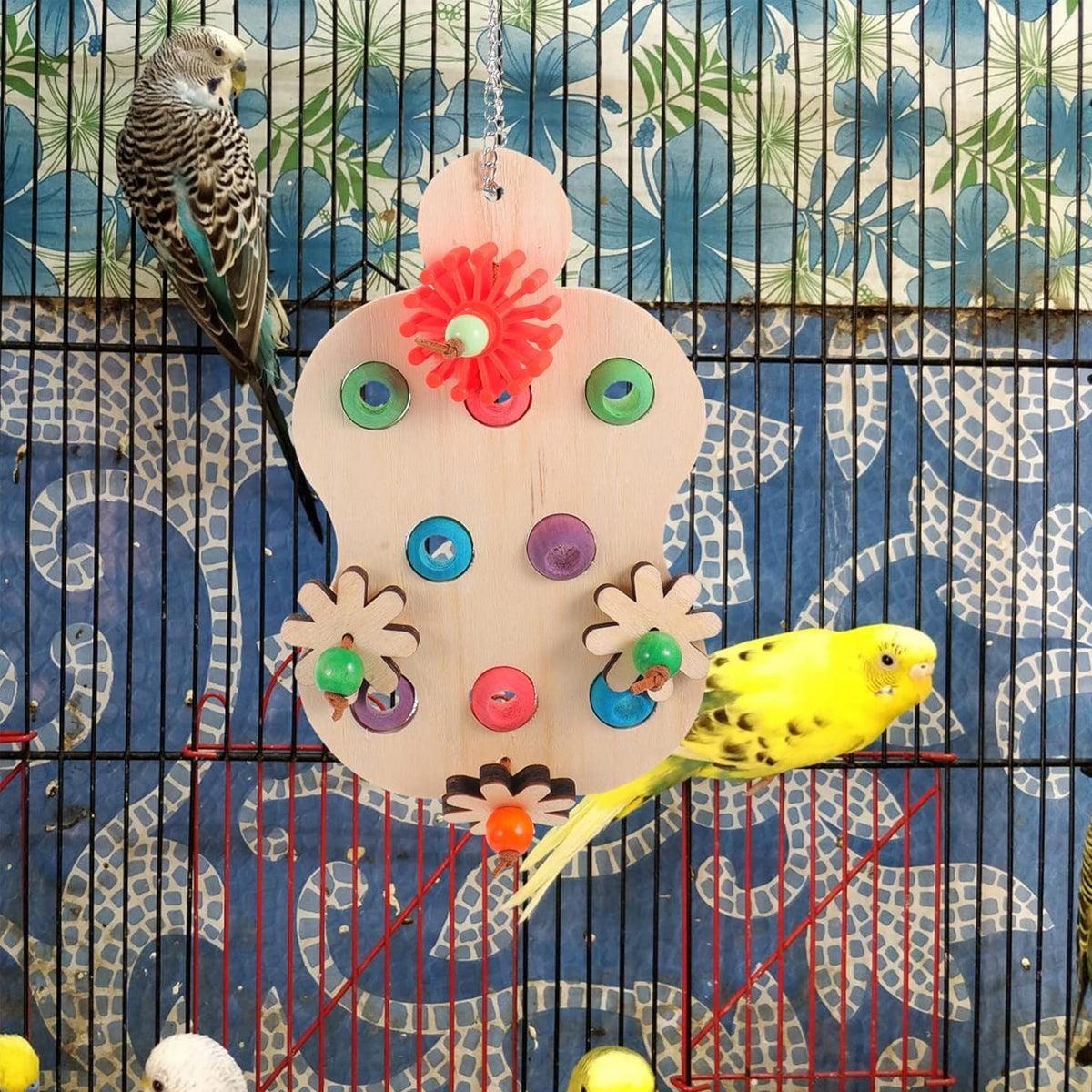 Colourful Wooden Parrot Chew Toy – Interactive Hanging Bird Enrichment Puzzle 🦜🌈