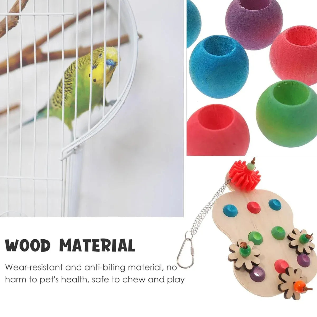 Colourful Wooden Parrot Chew Toy – Interactive Hanging Bird Enrichment Puzzle 🦜🌈