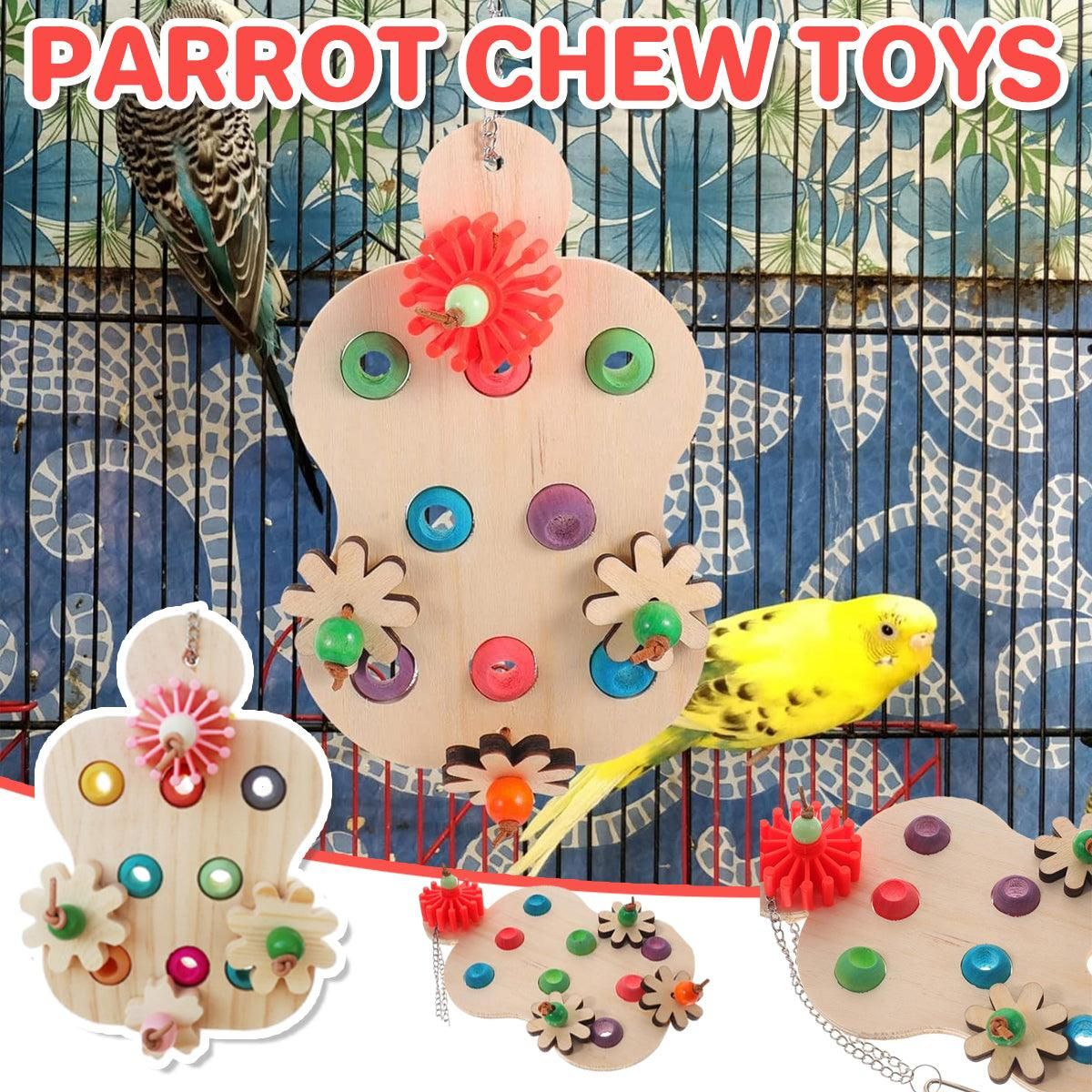 Colourful Wooden Parrot Chew Toy – Interactive Hanging Bird Enrichment Puzzle 🦜🌈